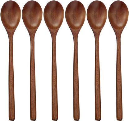 Picture of Wooden Spoons, 6 Pieces 9 Inch Wood Soup Spoons for Eating Mixing Stirring, Long Handle Spoon with Japanese Style Kitchen Utensil, ADLORYEA Eco Friendly Table Spoon