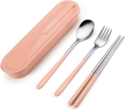 Picture of 1INKULEER Travel cutlery set, 18/8 stainless steel cutlery, Reusable utensils set with case, Portable Silverware Lunch Box for Camping and Office