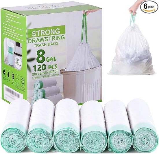 Picture of Hawnn 8 Gallon Trash Bag 120 Count, Unscented Strong Drawstring Garbage Bag Fit 30 Litter Trash Can, for Kitchen, Bathroom, Bedroom, Office ( Green )