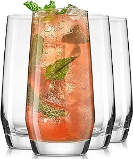 Picture of 1JoyJolt Gwen 18oz Highball Glasses, 4pc Tall Glass Set. Lead-Free Crystal Drinking Glasses for Water, Mojitos, Tom Collins, and Cocktails.