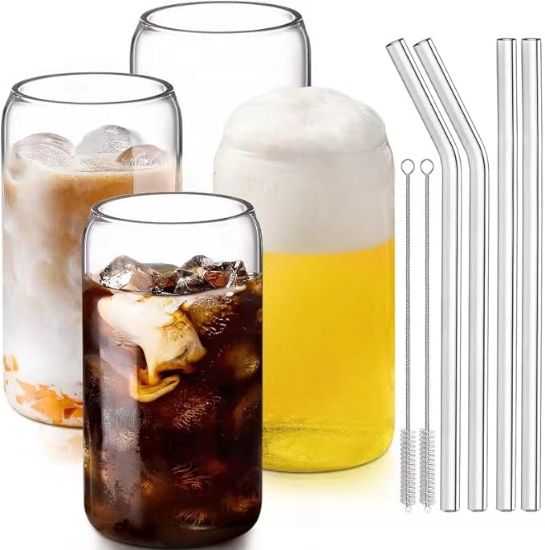 Picture of 1Ice Coffee Cup16oz,Beer Cup Drinking Glasses with Glass Straw 4pcs-DWTS Beer Glasses Cute Glass Cups with Cleaning Brushes/Coasters