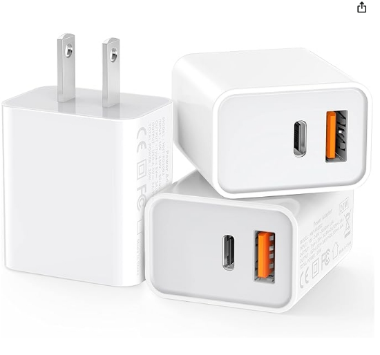 Picture of [3 Pack] USB-C Wall Charger, 20W Durable Dual Port QC+PD 3.0 Power Adapter, Double Fast Plug Charging Block for iPhone 14/14 Pro/13/15/15 Pro/Pro Max/Plus, XS/XR/X, Watch Series 8/7 Cube(White)