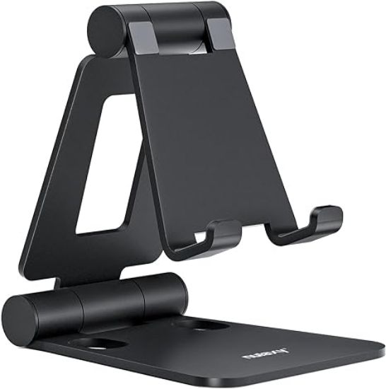 Picture of Dual Folding Cell Phone Stand, Fully Adjustable Foldable Desktop Phone Holder Cradle Dock Compatible with Phone 15 14 13 12 11 Pro Xs Xs Max Xr X 8, Nintendo Switch, All Phones