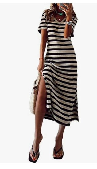 Picture of Women 2024 Casual Maxi Dress Short Sleeve V Neck Stripe Sundress Split Loose Long Summer Beach T Shirt Dresses