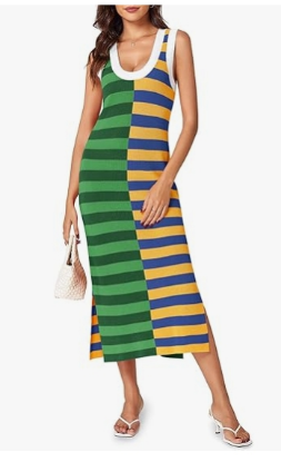 Picture of Womens Summer Striped Dress Sleeveless Knitted Contrast Color Side Slit Casual Maxi Beach Dress