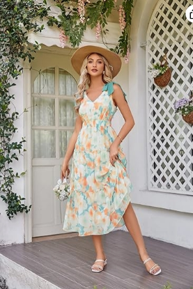 Picture of Floral Dress for Women Summer Casual Flowy Long V Neck Sundress Sleeveless Tiered Beach Wedding Guest Dress Bow