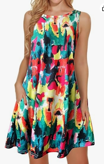 Picture of elescat Summer Dresses for Women 2024 Casual Beach Sleeveless Floral Print Tank Loose Sundress with Pocket