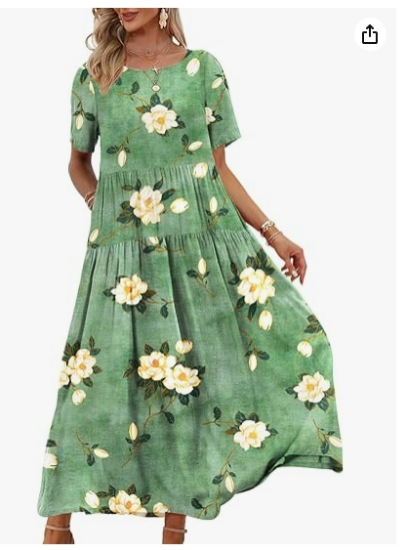 Picture of Women Casual Loose Bohemian Floral Dress with Pockets Short Sleeve Long Maxi Summer Beach Swing Dress EJF