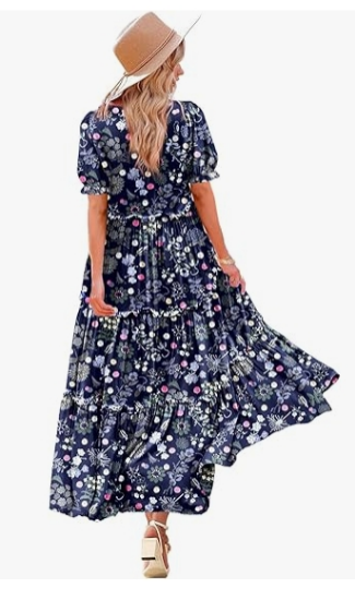 Picture of Summer Casual Bohemian Floral Dresses for Women 2024 Puff Short Sleeve Long Maxi Dress with Pockets ETX