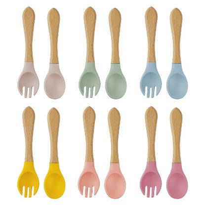 Picture of Baby silicone spoon and fork with wooden handle