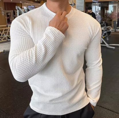 Picture of n tough guy fitness clothes men texture pit strip casual sports knitting T-shirt sports training breathable long-sleeved T-shirt