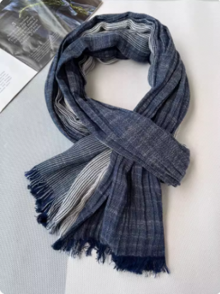 Picture of Scarf men's winter thin autumn and winter new cotton and linen Joker fashion stripes students long navy blue scarf men