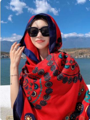 Picture of 2023 new red travel wear sunscreen scarves women's summer national wind scarf shawl scarf explosions.